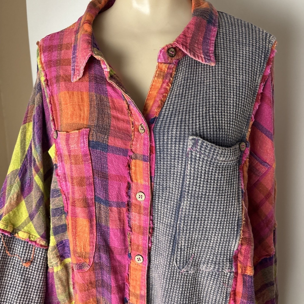 Oli & Hali Womens Patchwork Plaid Waffle Knit Button Down Shirt size Large - Picture 6 of 15